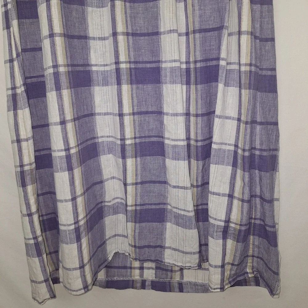 Vintage 90s Periwinkle White Plaid Linen Blend Dress 12 VTG Midi Cottagecore - Picture 5 of 16